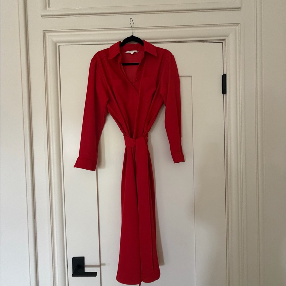 Veronica Beard Red Shirt Midi Dress with Tie Waist